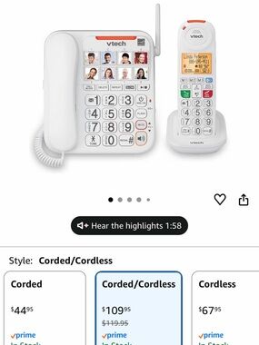 VTech SN5147 Amplified Corded Cordless Senior Phone with Answering Machine Works